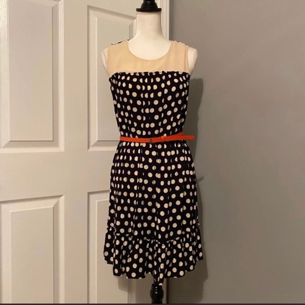 Navy Blue Polka Dot Dress with Orange Belt